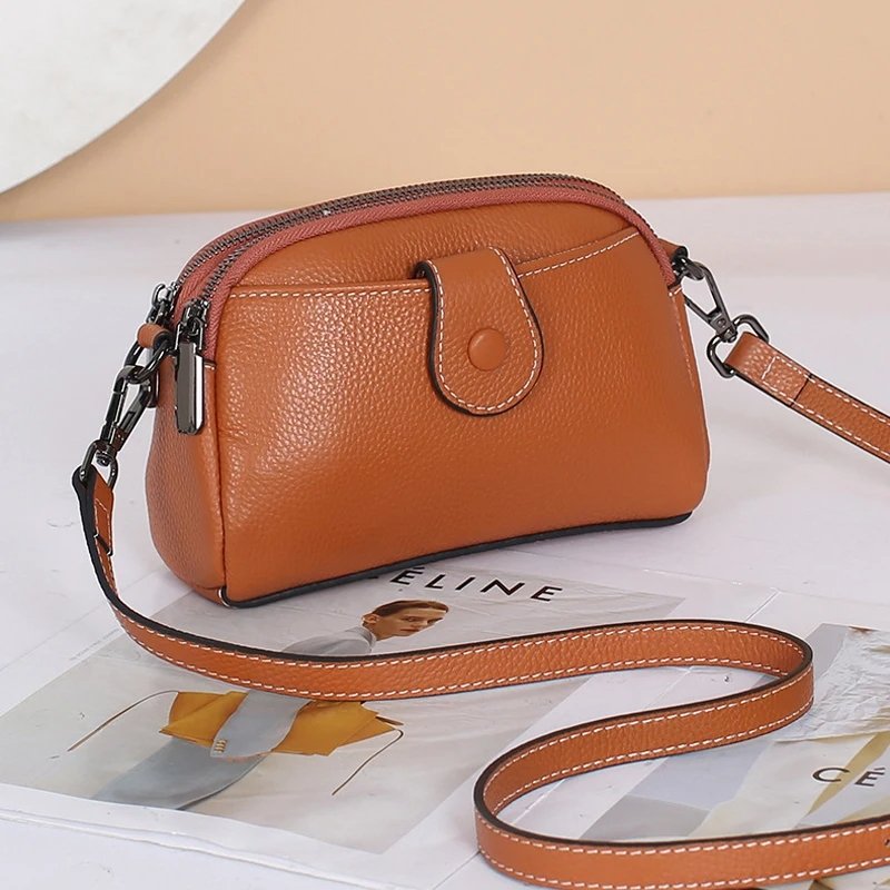 กระเป๋าสะพายข้างหนังวัวแท้ ดีไซน์ Clutches น่ารัก พร้อม 2 ช่องซิป! - Image 10