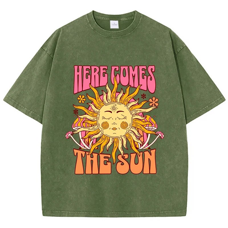 เสื้อยืดโอเวอร์ไซส์สไตล์แคชชวล พิมพ์ลาย "Here Comes The Sun" ดีไซน์ทันสมัย ใส่สบาย ระบายอากาศได้ดีเยี่ยม เหมาะกับทุกกิจกรรม มอบลุคสบายๆ มีสไตล์ในทุกวัน - Image 6