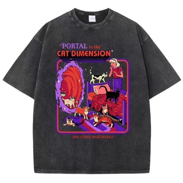 เสื้อยืดผ้าฝ้ายลายแมวพอร์ทัล สไตล์วินเทจ ใส่สบาย ระบายอากาศดีเยี่ยม เหมาะกับทุกเพศ เพิ่มความเท่ไม่ซ้ำใครให้ทุกชุด