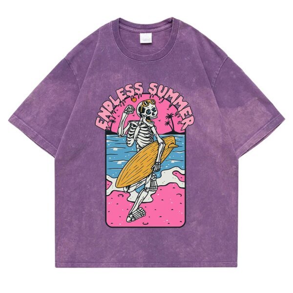 เสื้อยืดผ้าฝ้ายลาย "เซิร์ฟโครงกระดูกฤดูร้อน" สไตล์เรโทรสุดเท่ ใส่สบาย ระบายอากาศดีเยี่ยม พร้อมเติมเต็มลุคสตรีทฮิปฮอปให้โดดเด่นไม่ซ้ำใคร