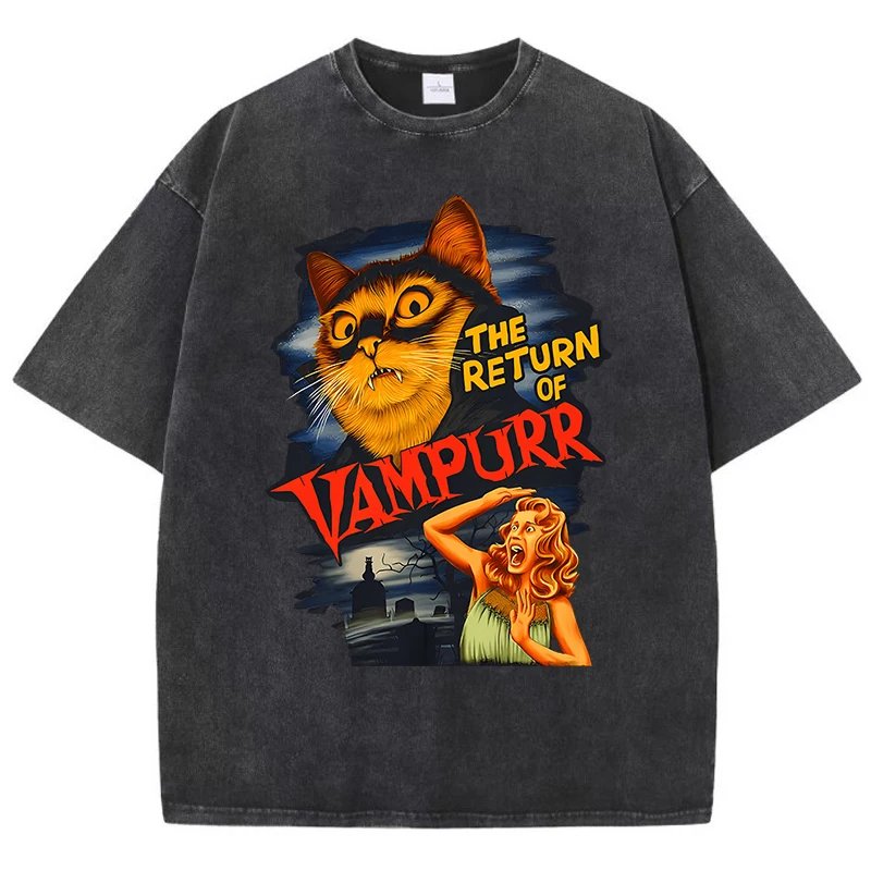 เสื้อยืดผ้าฝ้ายลาย "The Return of Vampurr" สุดเท่ สไตล์วินเทจโอเวอร์ไซส์ ใส่สบาย ระบายอากาศดีเยี่ยม พร้อมเติมเต็มลุคแคชชวลให้มีเอกลักษณ์
