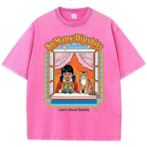 เสื้อยืดผ้าฝ้ายลายแมวถือตำราเรียน สไตล์วินเทจโอเวอร์ไซส์ ใส่สบาย ระบายอากาศดีเยี่ยม พร้อมเติมเต็มลุคแคชชวลให้มีเอกลักษณ์