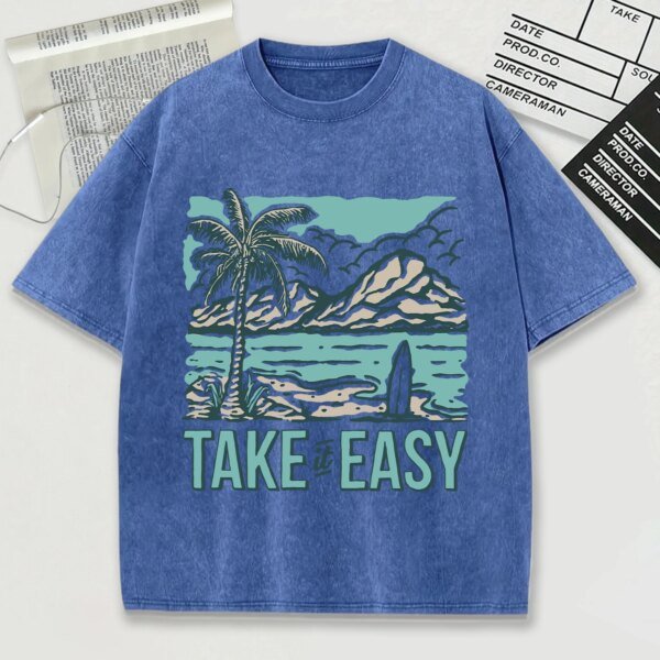 เสื้อยืดสไตล์เรโทรผ้าฝ้าย 100% พิมพ์ลาย "Take It Easy" สุดชิลล์ สวมใส่สบาย ระบายอากาศดี เหมาะสำหรับวันพักผ่อนและไลฟ์สไตล์สบายๆ
