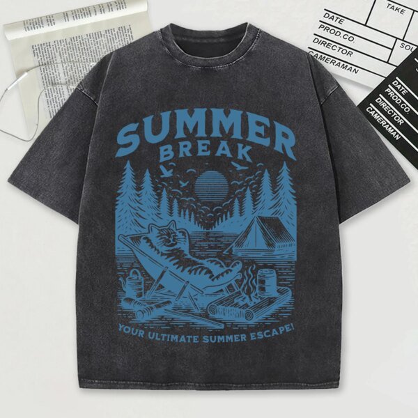 เสื้อยืดสไตล์วินเทจผ้าฝ้าย 100% พิมพ์ลาย "Summer Break" สุดชิลล์ สวมใส่สบาย ระบายอากาศดี เหมาะสำหรับวันพักผ่อนและไลฟ์สไตล์สบายๆ